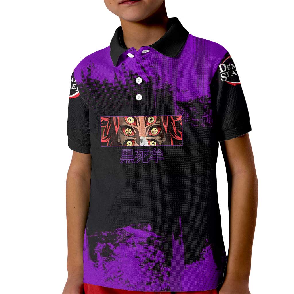 Kokushibo Demon Slayer Purple Grunge Design Kid Polo Shirt with Six Eyes Detail and Sword Pose - The Mazicc