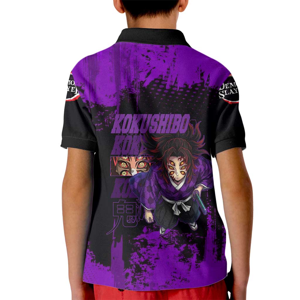 Kokushibo Demon Slayer Purple Grunge Design Kid Polo Shirt with Six Eyes Detail and Sword Pose - The Mazicc