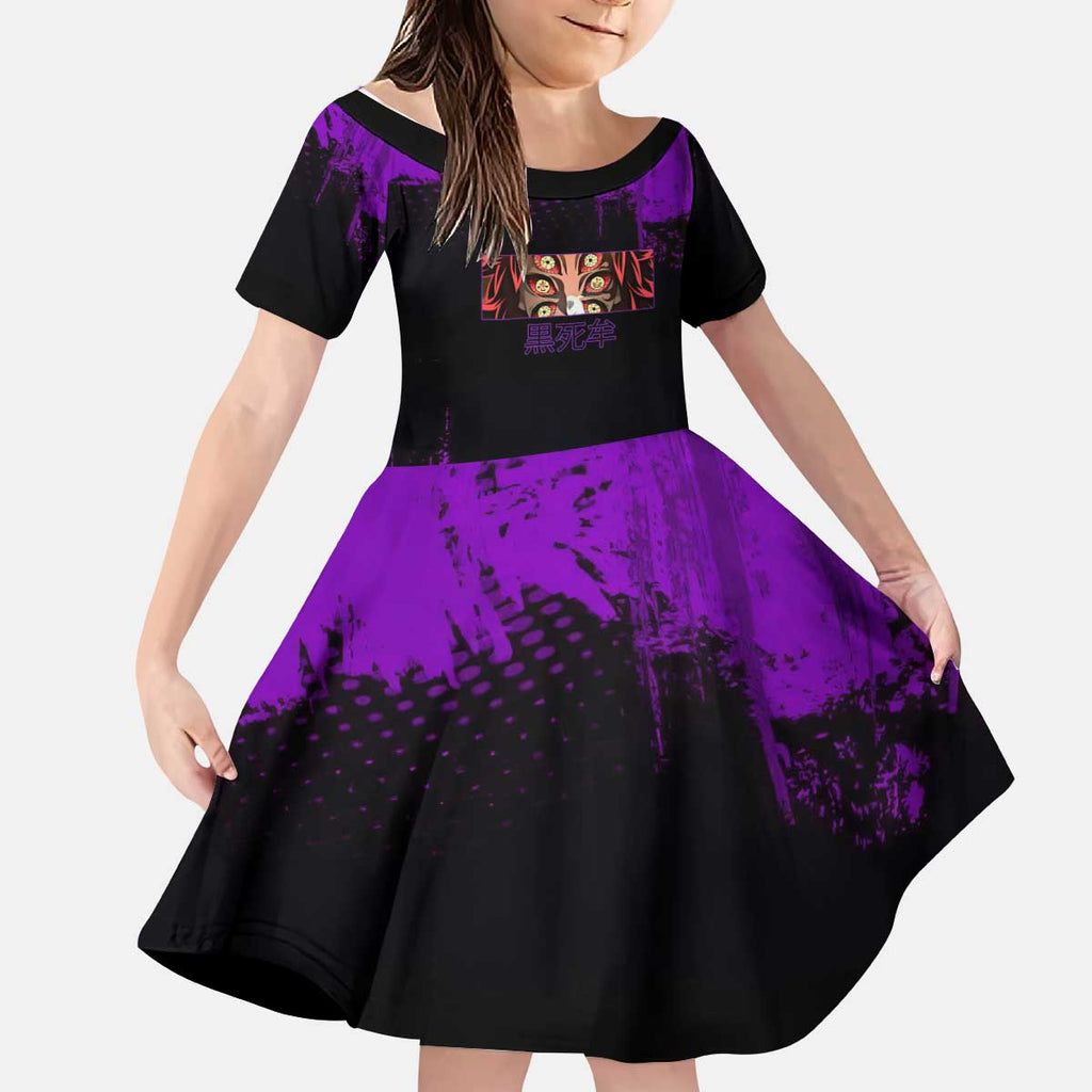 Kokushibo Demon Slayer Purple Grunge Design Kid Short Sleeve Dress with Six Eyes Detail and Sword Pose - The Mazicc
