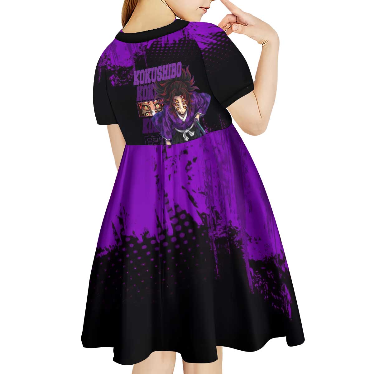 Kokushibo Demon Slayer Purple Grunge Design Kid Short Sleeve Dress with Six Eyes Detail and Sword Pose - The Mazicc