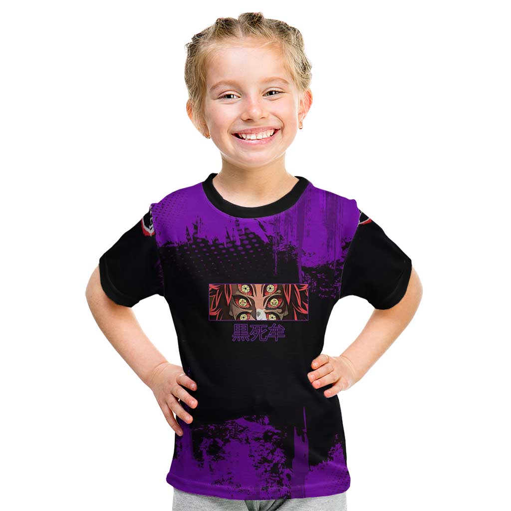 Kokushibo Demon Slayer Purple Grunge Design Kid T Shirt with Six Eyes Detail and Sword Pose - The Mazicc