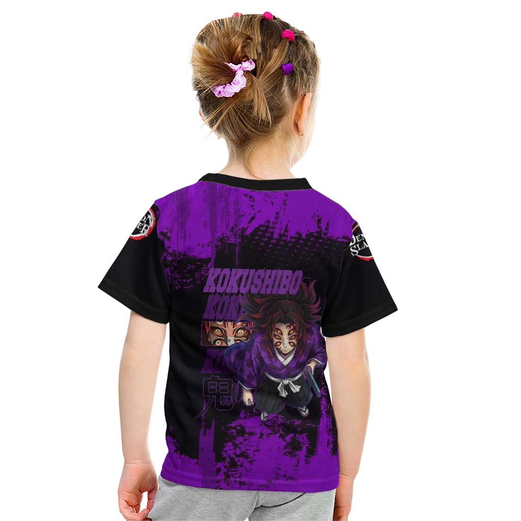 Kokushibo Demon Slayer Purple Grunge Design Kid T Shirt with Six Eyes Detail and Sword Pose - The Mazicc