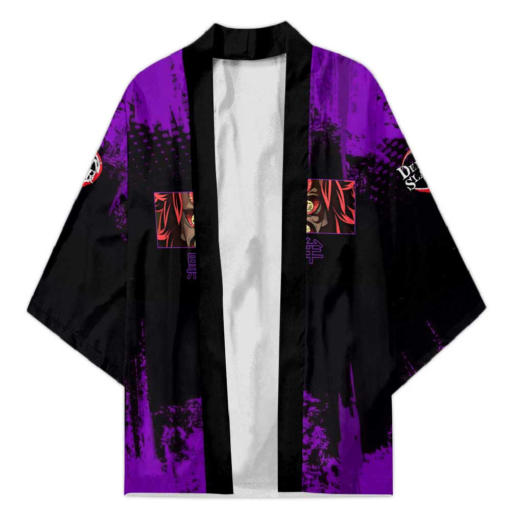 Kokushibo Demon Slayer Purple Grunge Design Kimono with Six Eyes Detail and Sword Pose - The Mazicc