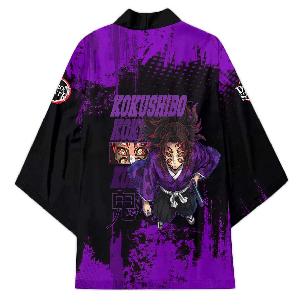 Kokushibo Demon Slayer Purple Grunge Design Kimono with Six Eyes Detail and Sword Pose - The Mazicc