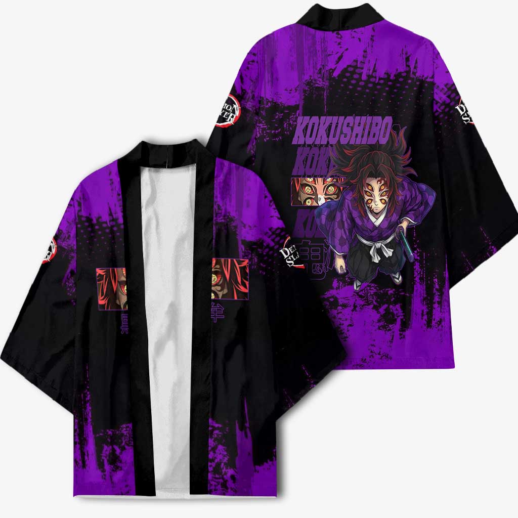 Kokushibo Demon Slayer Purple Grunge Design Kimono with Six Eyes Detail and Sword Pose - The Mazicc