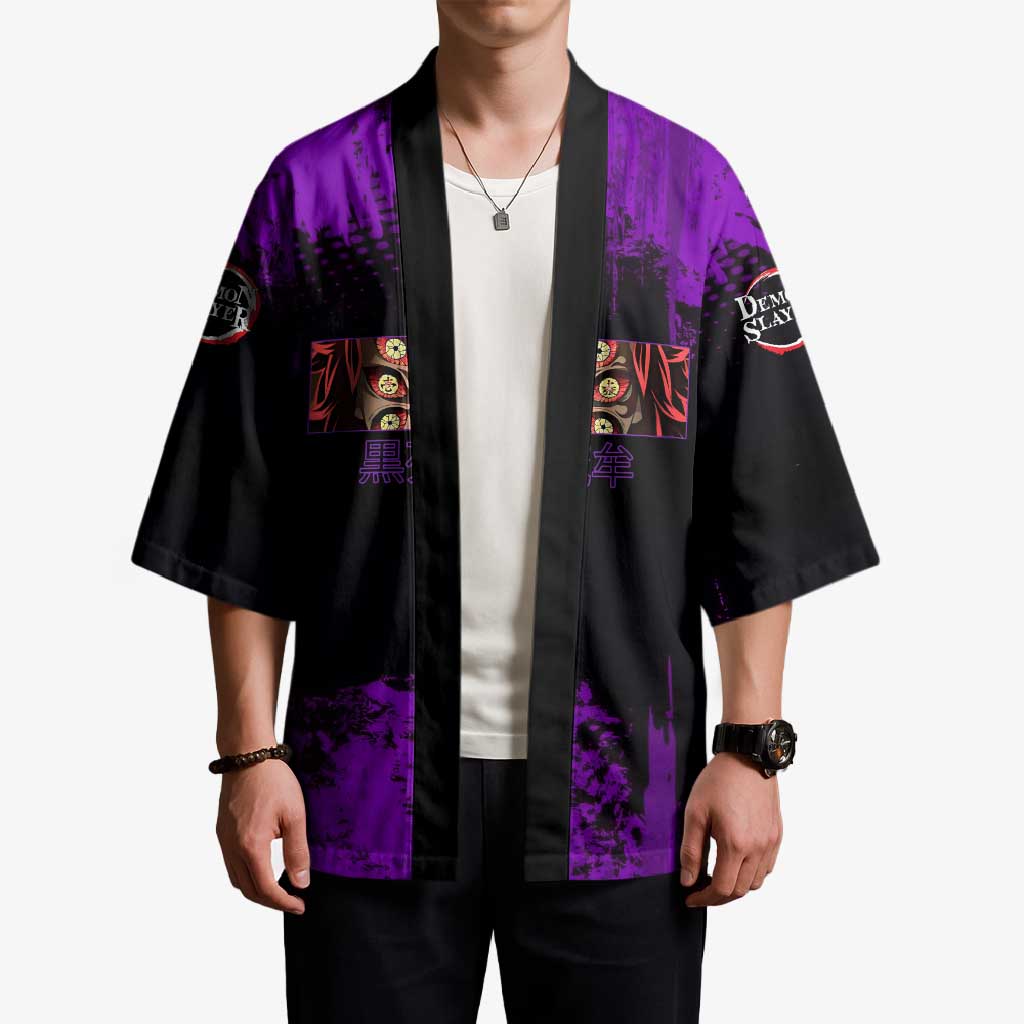Kokushibo Demon Slayer Purple Grunge Design Kimono with Six Eyes Detail and Sword Pose - The Mazicc
