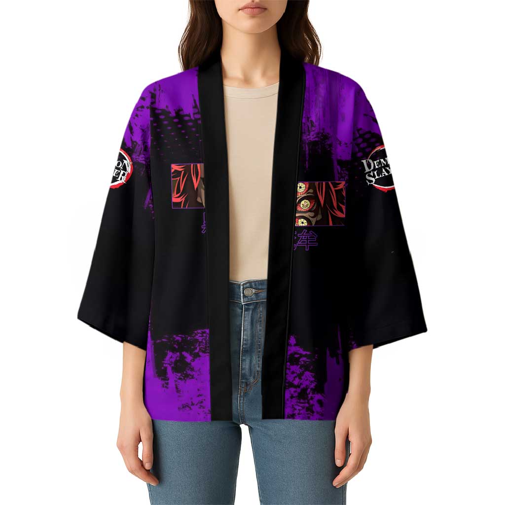 Kokushibo Demon Slayer Purple Grunge Design Kimono with Six Eyes Detail and Sword Pose - The Mazicc