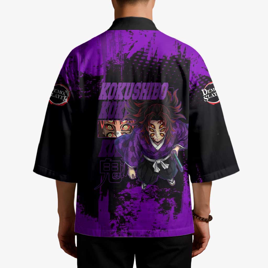 Kokushibo Demon Slayer Purple Grunge Design Kimono with Six Eyes Detail and Sword Pose - The Mazicc