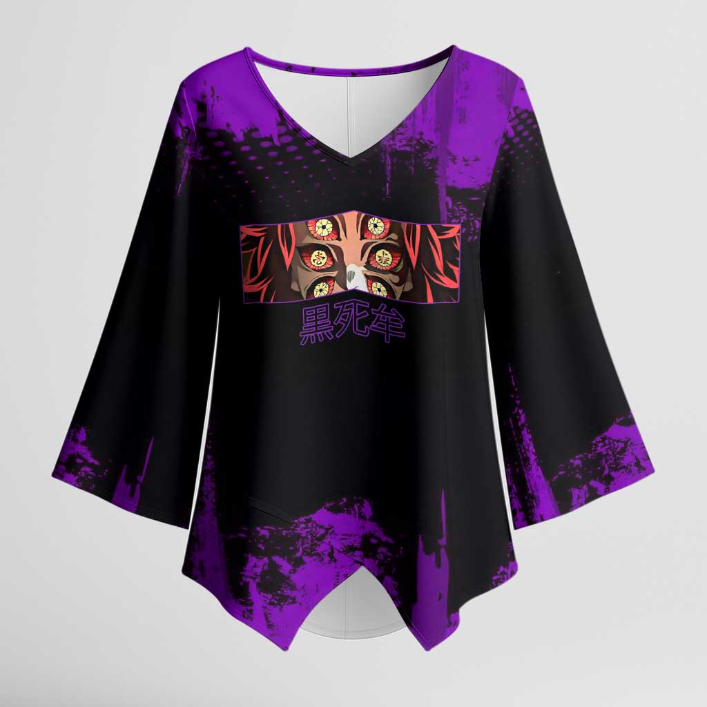 Kokushibo Demon Slayer Purple Grunge Design Kimono Sleeve Blouse with Six Eyes Detail and Sword Pose - The Mazicc