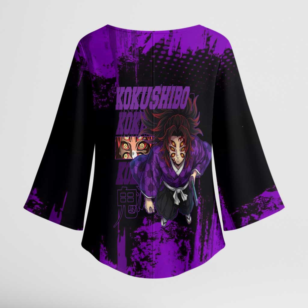 Kokushibo Demon Slayer Purple Grunge Design Kimono Sleeve Blouse with Six Eyes Detail and Sword Pose - The Mazicc