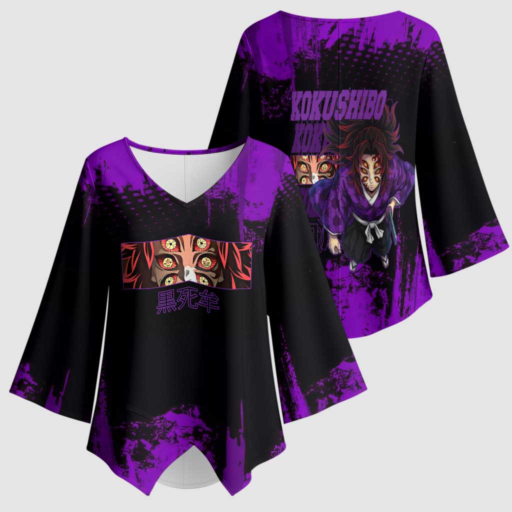 Kokushibo Demon Slayer Purple Grunge Design Kimono Sleeve Blouse with Six Eyes Detail and Sword Pose - The Mazicc