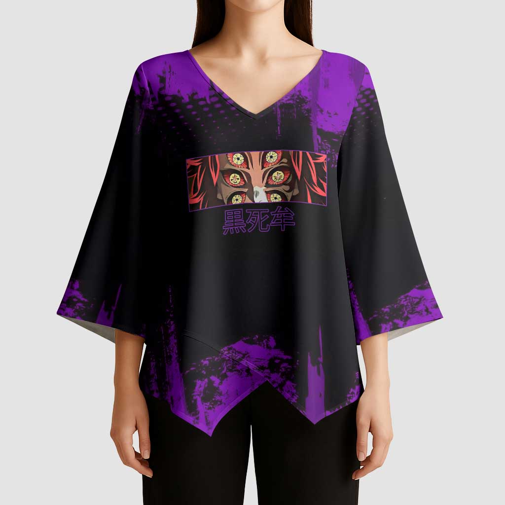 Kokushibo Demon Slayer Purple Grunge Design Kimono Sleeve Blouse with Six Eyes Detail and Sword Pose - The Mazicc