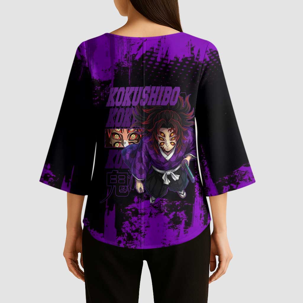 Kokushibo Demon Slayer Purple Grunge Design Kimono Sleeve Blouse with Six Eyes Detail and Sword Pose - The Mazicc