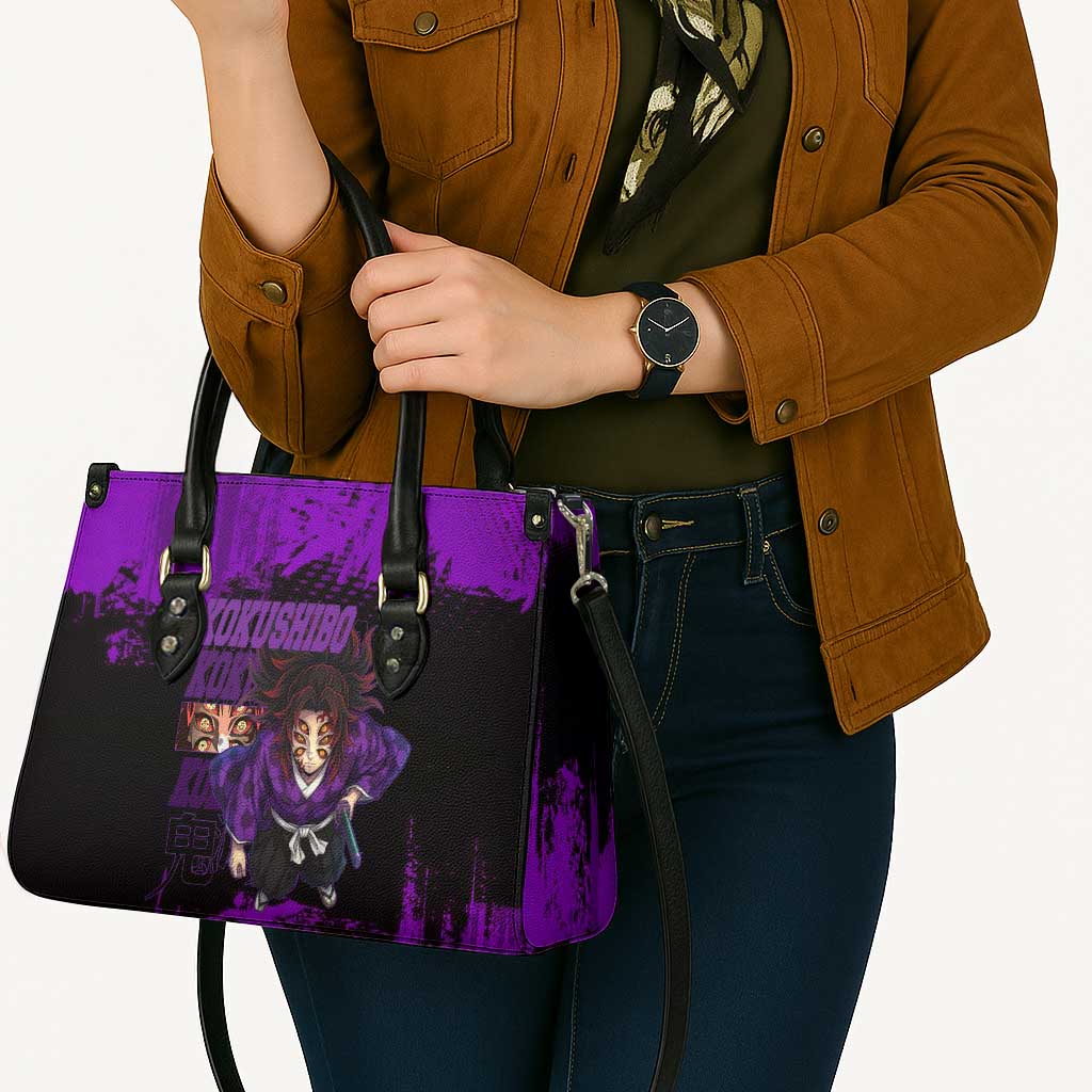 Kokushibo Demon Slayer Purple Grunge Design Leather Bag with Six Eyes Detail and Sword Pose - The Mazicc