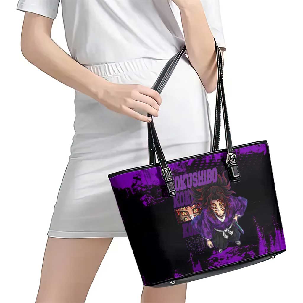 Kokushibo Demon Slayer Purple Grunge Design Leather Tote Bag with Six Eyes Detail and Sword Pose - The Mazicc