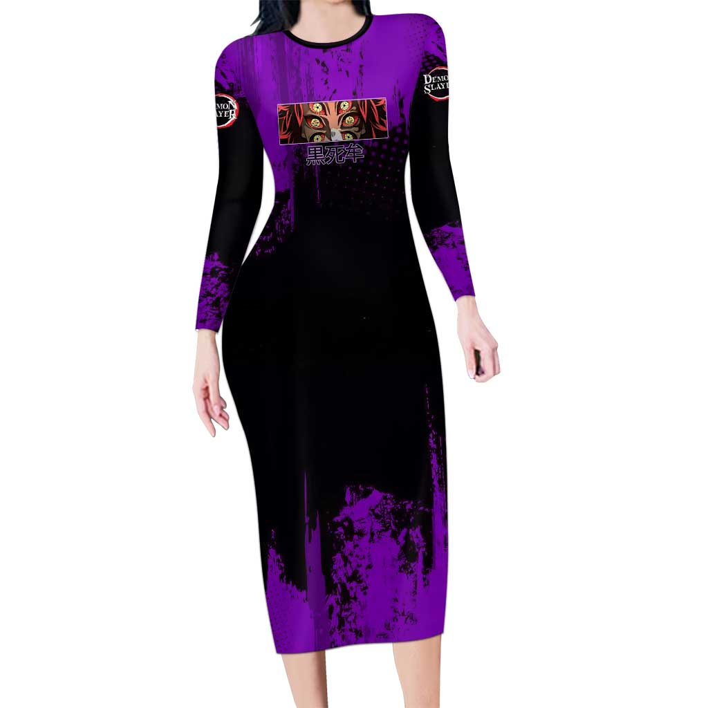 Kokushibo Demon Slayer Purple Grunge Design Long Sleeve Bodycon Dress with Six Eyes Detail and Sword Pose - The Mazicc