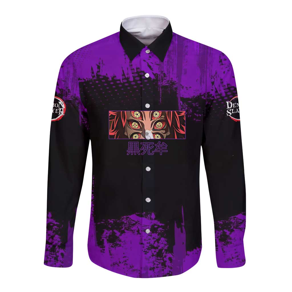 Kokushibo Demon Slayer Purple Grunge Design Long Sleeve Button Shirt with Six Eyes Detail and Sword Pose - The Mazicc