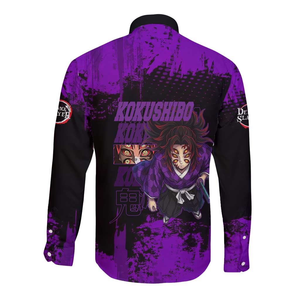 Kokushibo Demon Slayer Purple Grunge Design Long Sleeve Button Shirt with Six Eyes Detail and Sword Pose - The Mazicc