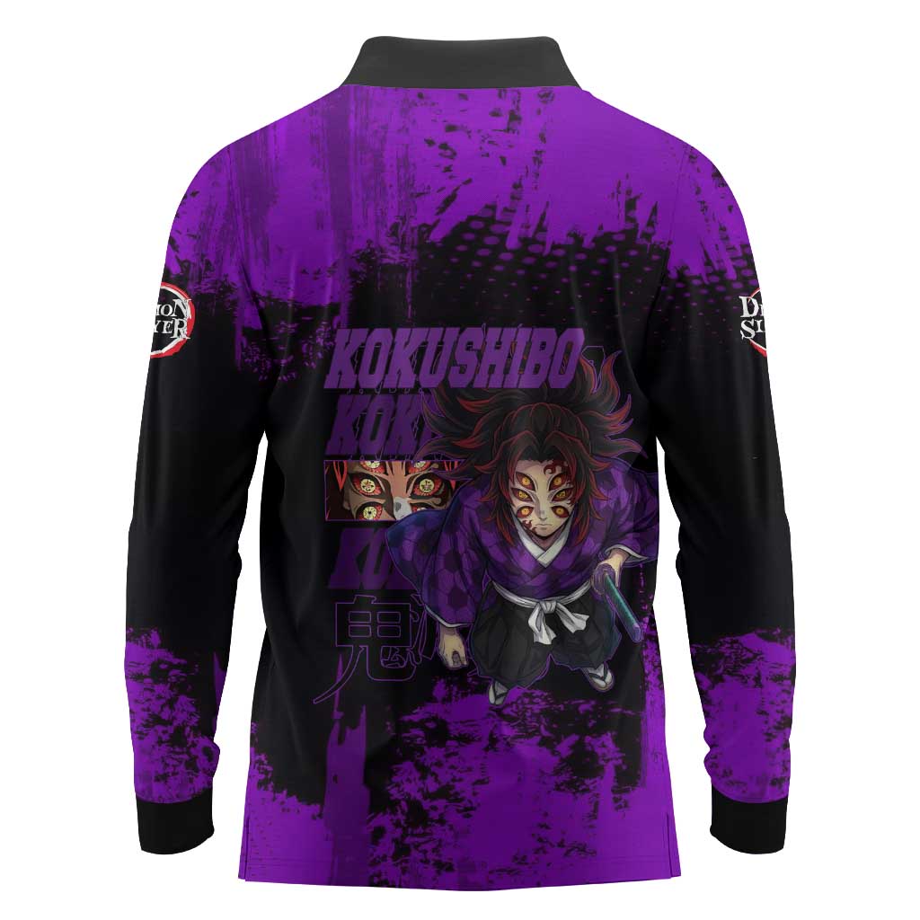 Kokushibo Demon Slayer Purple Grunge Design Long Sleeve Polo Shirt with Six Eyes Detail and Sword Pose - The Mazicc