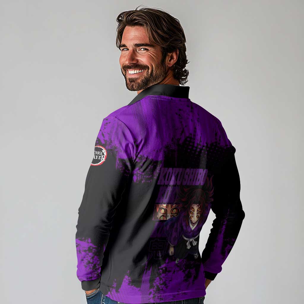 Kokushibo Demon Slayer Purple Grunge Design Long Sleeve Polo Shirt with Six Eyes Detail and Sword Pose - The Mazicc