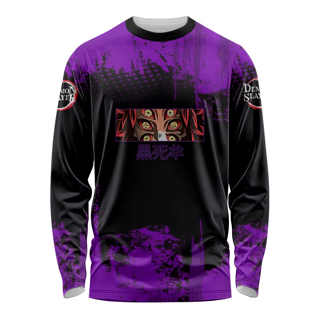 Kokushibo Demon Slayer Purple Grunge Design Long Sleeve Shirt with Six Eyes Detail and Sword Pose - The Mazicc