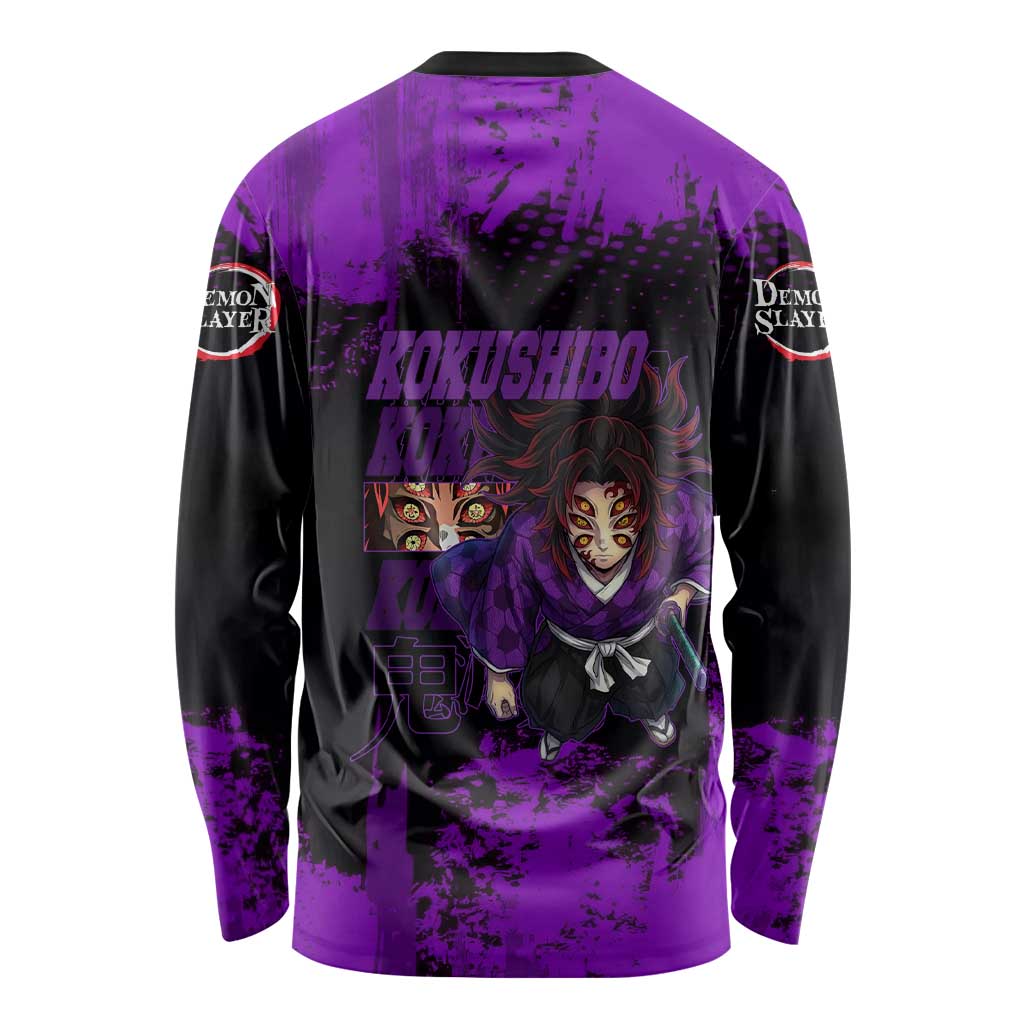 Kokushibo Demon Slayer Purple Grunge Design Long Sleeve Shirt with Six Eyes Detail and Sword Pose - The Mazicc