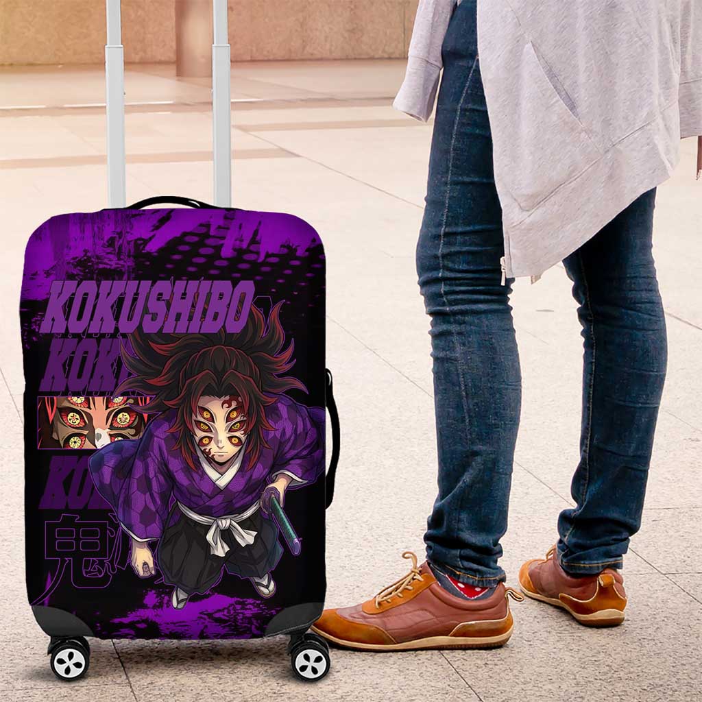 Kokushibo Demon Slayer Purple Grunge Design Luggage Cover with Six Eyes Detail and Sword Pose - The Mazicc
