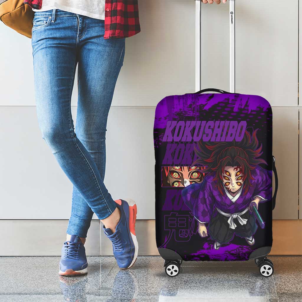 Kokushibo Demon Slayer Purple Grunge Design Luggage Cover with Six Eyes Detail and Sword Pose - The Mazicc