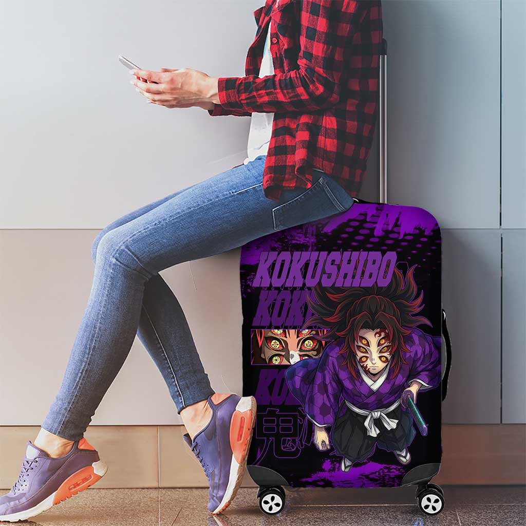 Kokushibo Demon Slayer Purple Grunge Design Luggage Cover with Six Eyes Detail and Sword Pose - The Mazicc