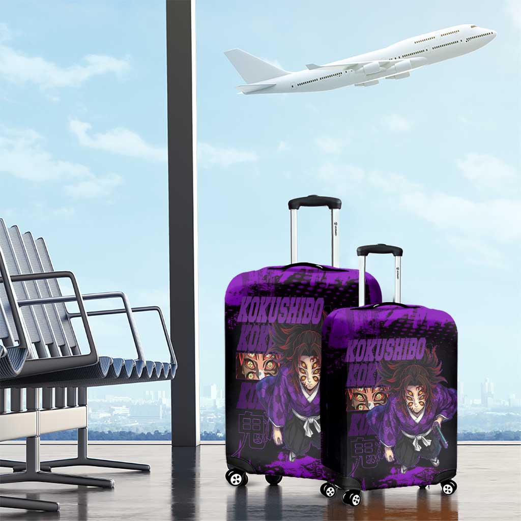 Kokushibo Demon Slayer Purple Grunge Design Luggage Cover with Six Eyes Detail and Sword Pose - The Mazicc