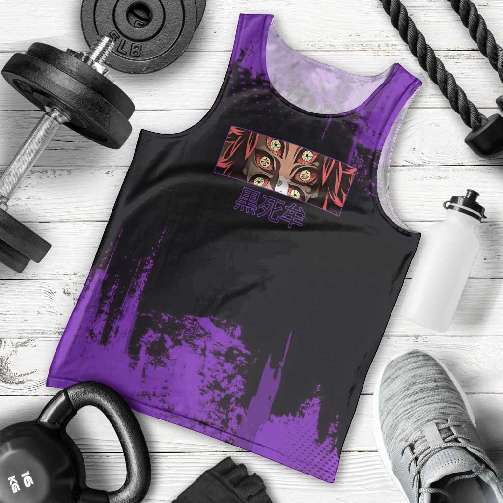 Kokushibo Demon Slayer Purple Grunge Design Men Tank Top with Six Eyes Detail and Sword Pose - The Mazicc