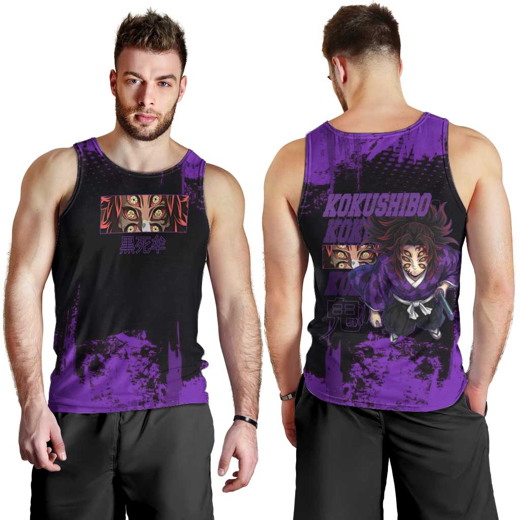 Kokushibo Demon Slayer Purple Grunge Design Men Tank Top with Six Eyes Detail and Sword Pose - The Mazicc