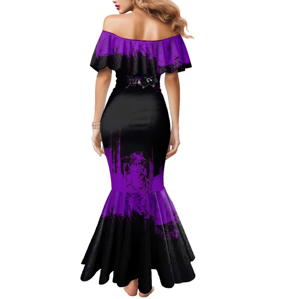 Kokushibo Demon Slayer Purple Grunge Design Mermaid Dress with Six Eyes Detail and Sword Pose - The Mazicc