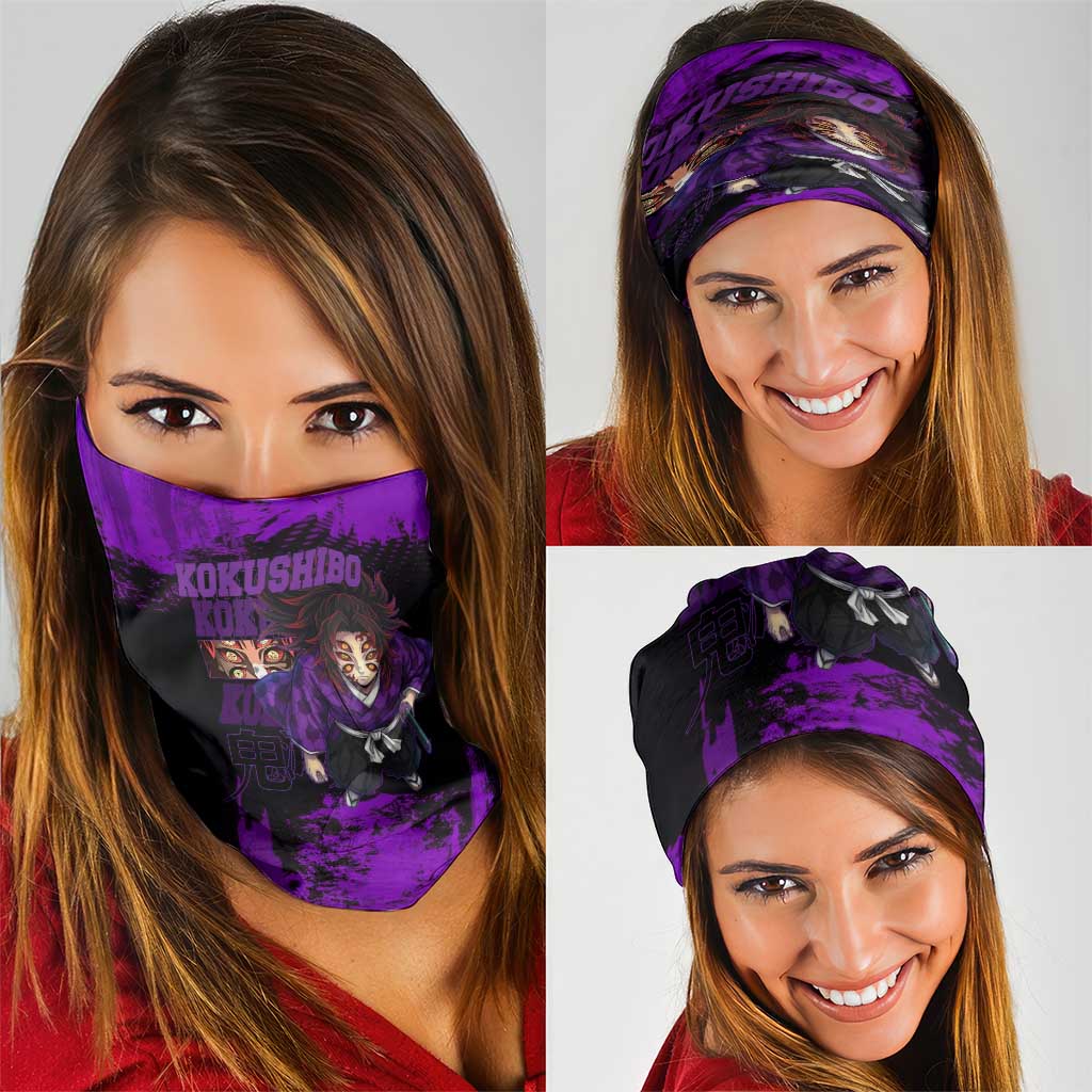 Kokushibo Demon Slayer Purple Grunge Design Neck Gaiter with Six Eyes Detail and Sword Pose - The Mazicc