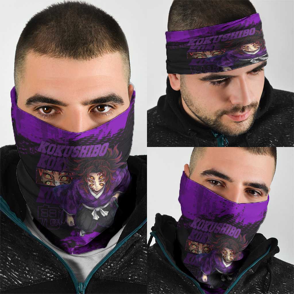 Kokushibo Demon Slayer Purple Grunge Design Neck Gaiter with Six Eyes Detail and Sword Pose - The Mazicc