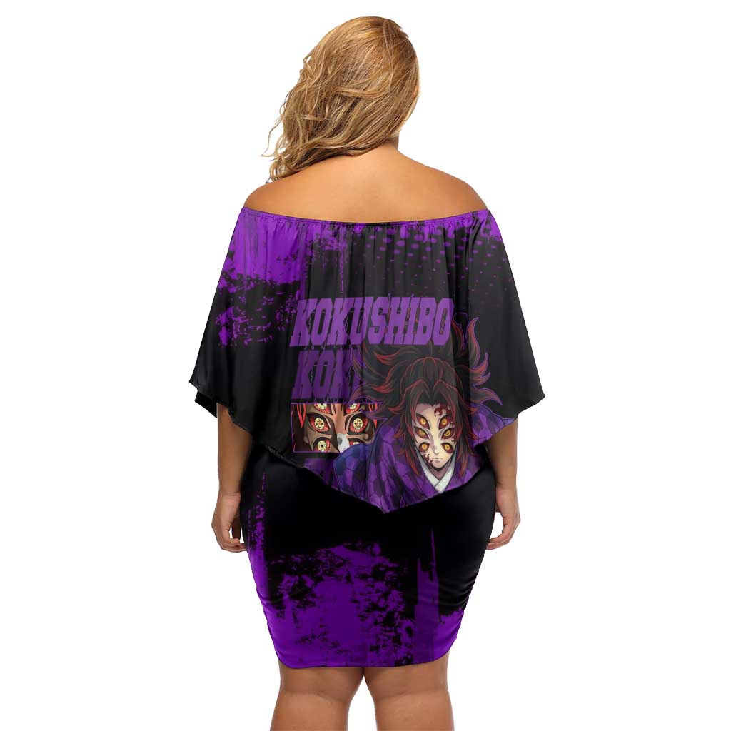 Kokushibo Demon Slayer Purple Grunge Design Off Shoulder Short Dress with Six Eyes Detail and Sword Pose - The Mazicc