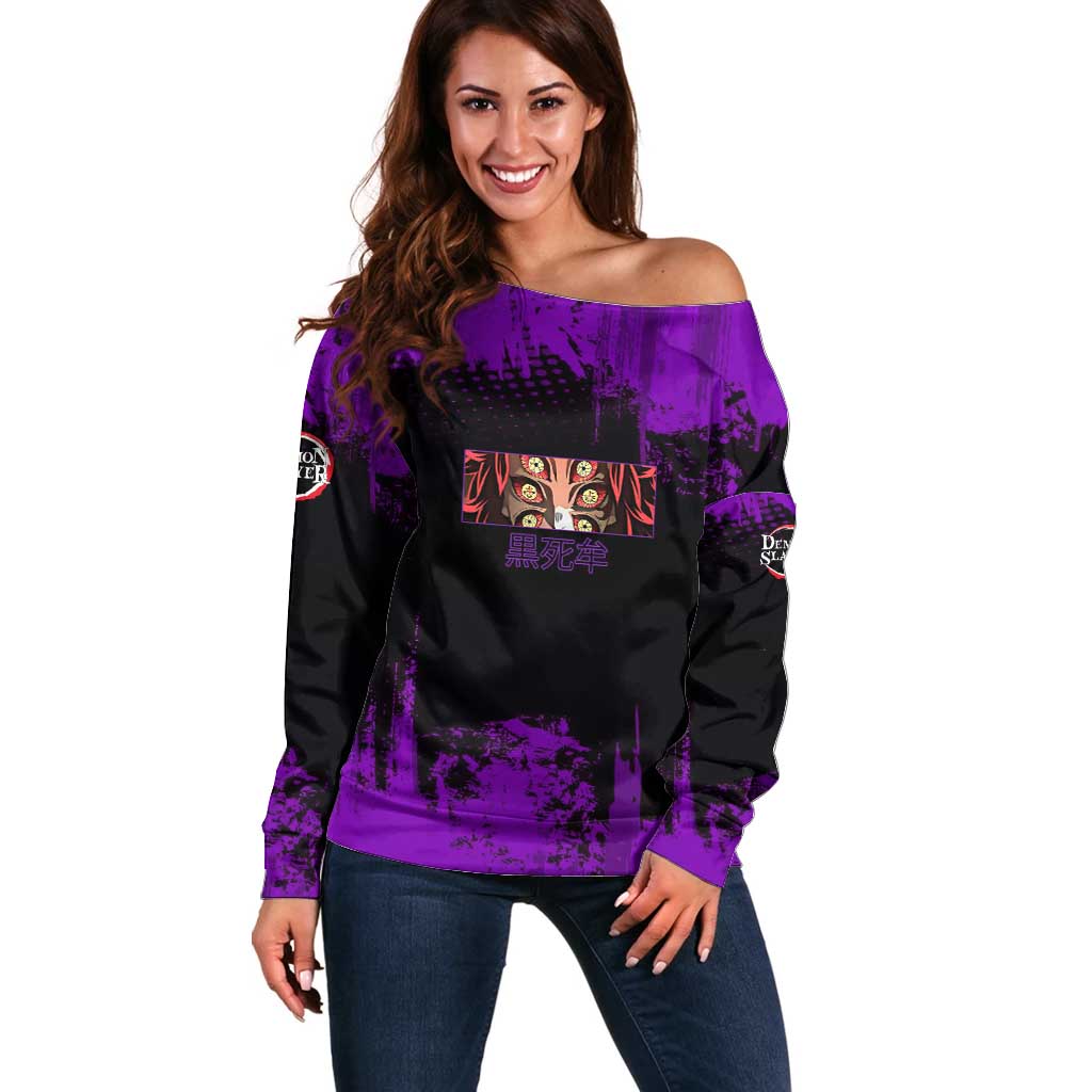 Kokushibo Demon Slayer Purple Grunge Design Off Shoulder Sweater with Six Eyes Detail and Sword Pose - The Mazicc