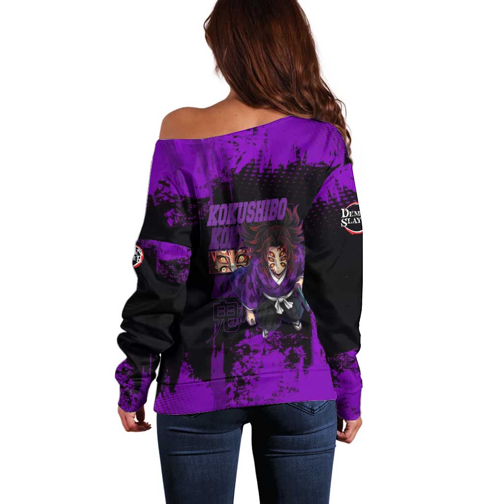 Kokushibo Demon Slayer Purple Grunge Design Off Shoulder Sweater with Six Eyes Detail and Sword Pose - The Mazicc