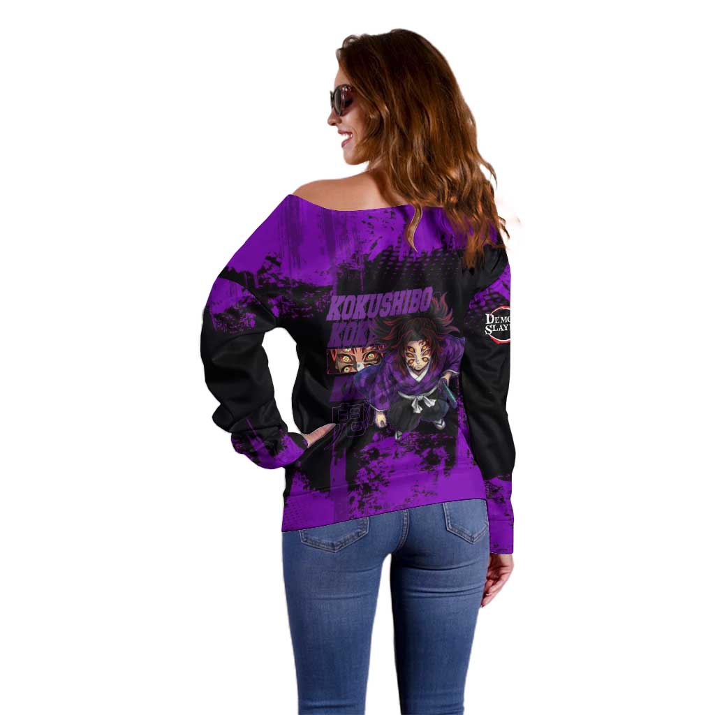 Kokushibo Demon Slayer Purple Grunge Design Off Shoulder Sweater with Six Eyes Detail and Sword Pose - The Mazicc