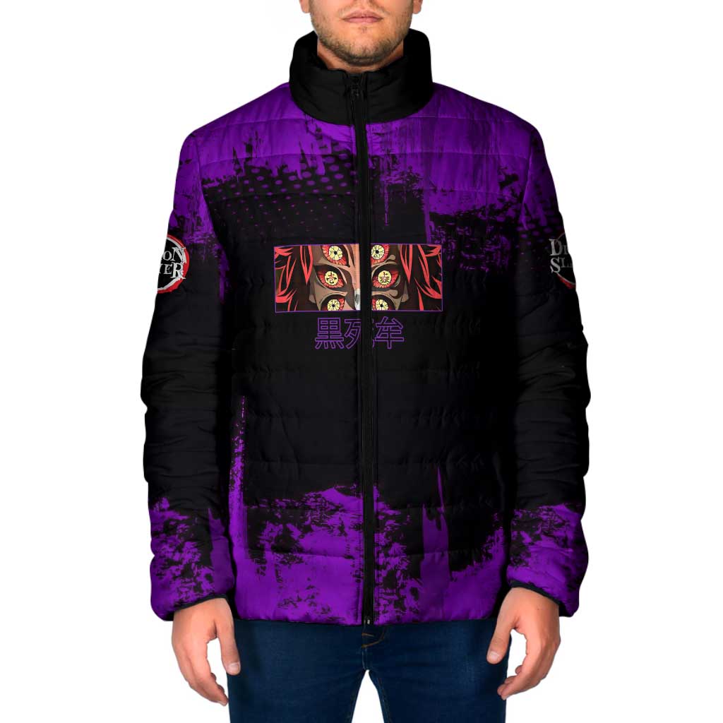 Kokushibo Demon Slayer Purple Grunge Design Padded Jacket with Six Eyes Detail and Sword Pose - The Mazicc