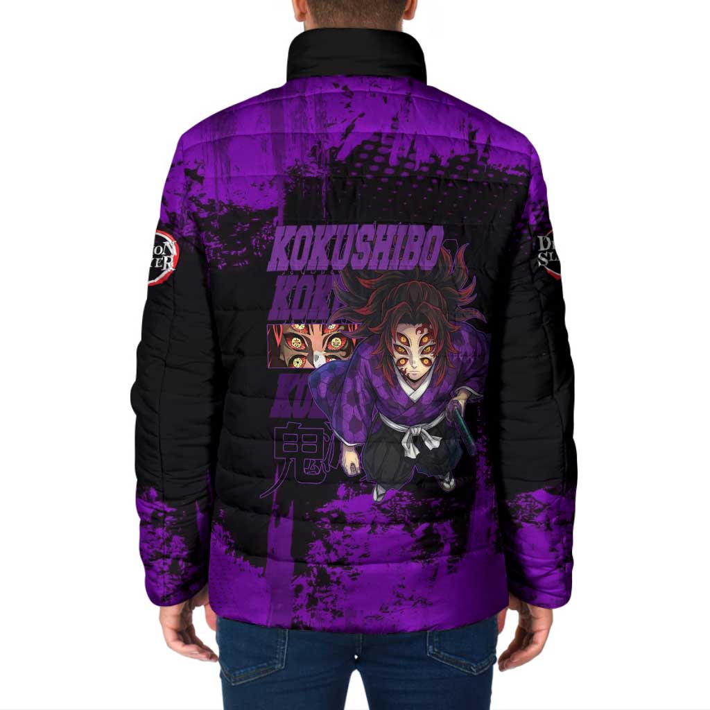 Kokushibo Demon Slayer Purple Grunge Design Padded Jacket with Six Eyes Detail and Sword Pose - The Mazicc