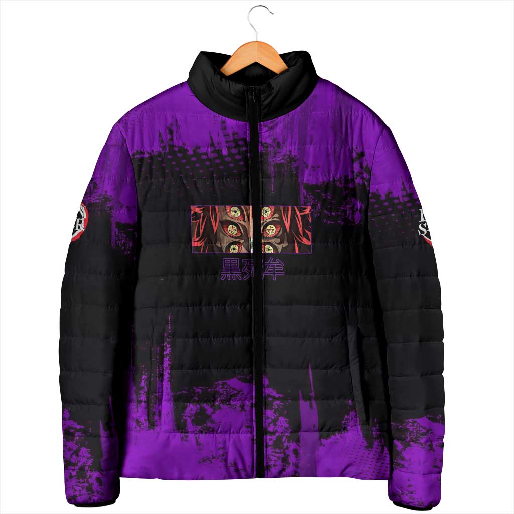 Kokushibo Demon Slayer Purple Grunge Design Padded Jacket with Six Eyes Detail and Sword Pose - The Mazicc