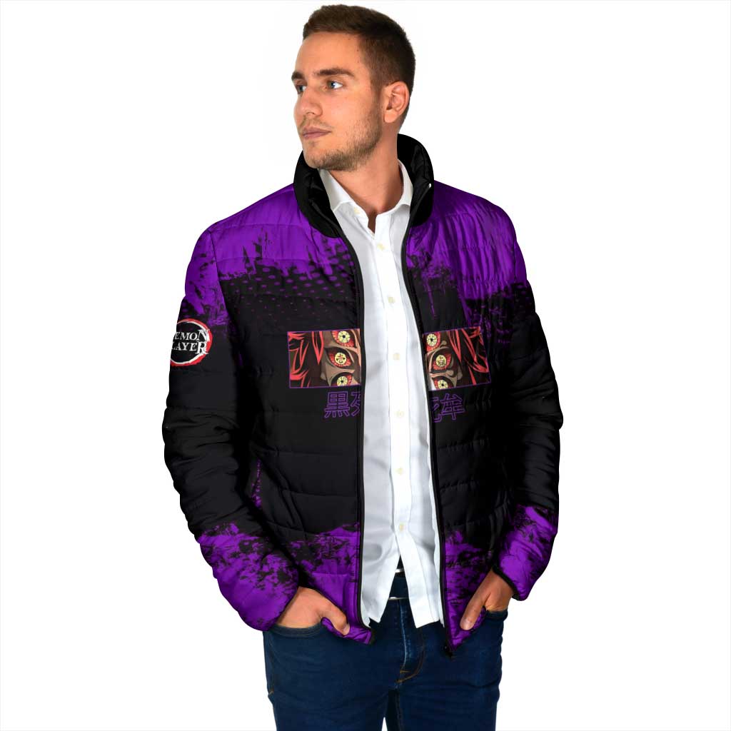 Kokushibo Demon Slayer Purple Grunge Design Padded Jacket with Six Eyes Detail and Sword Pose - The Mazicc
