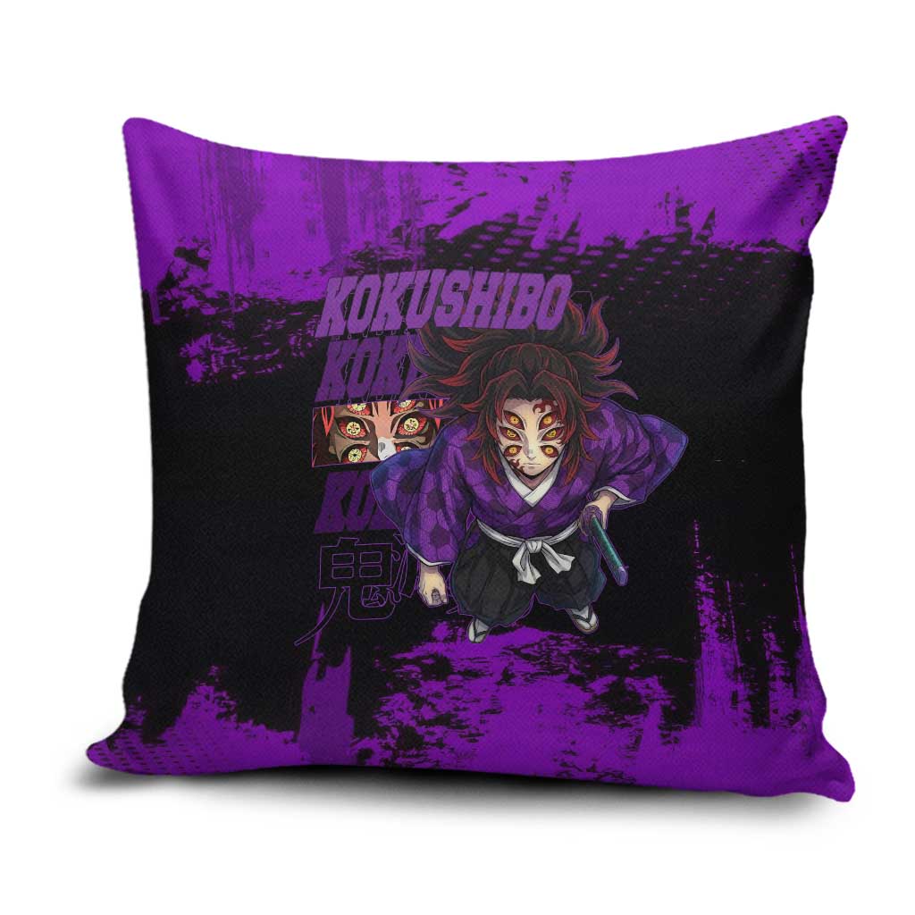Kokushibo Demon Slayer Purple Grunge Design Pillow Cover with Six Eyes Detail and Sword Pose - The Mazicc
