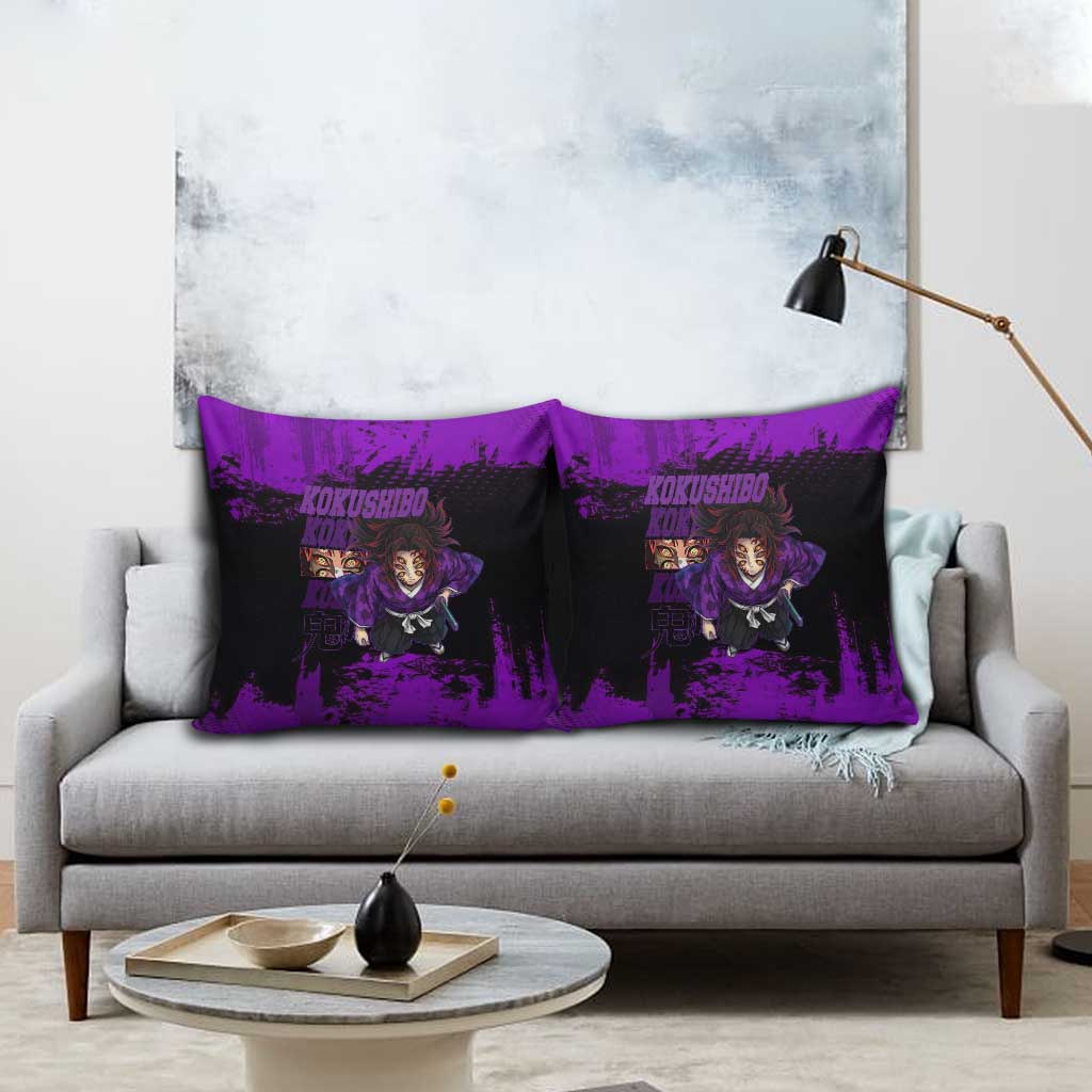 Kokushibo Demon Slayer Purple Grunge Design Pillow Cover with Six Eyes Detail and Sword Pose - The Mazicc