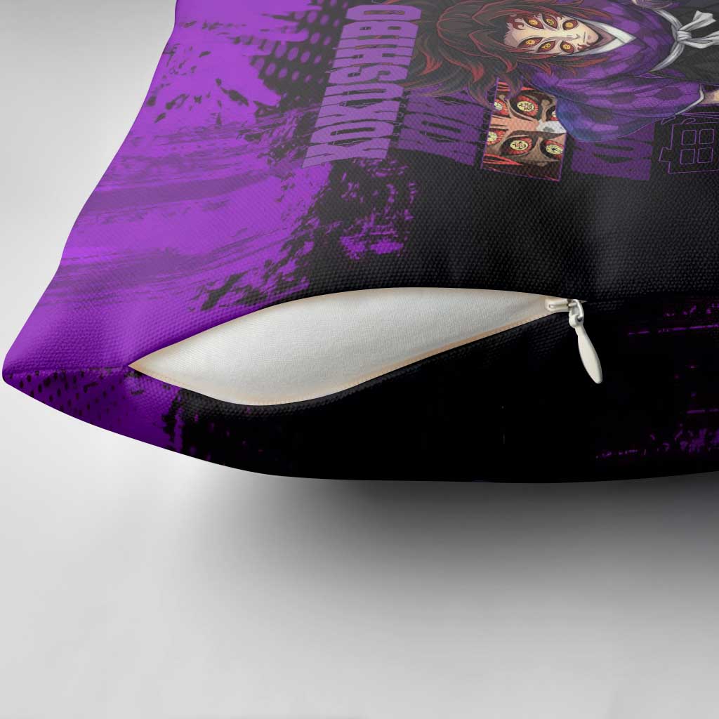 Kokushibo Demon Slayer Purple Grunge Design Pillow Cover with Six Eyes Detail and Sword Pose - The Mazicc