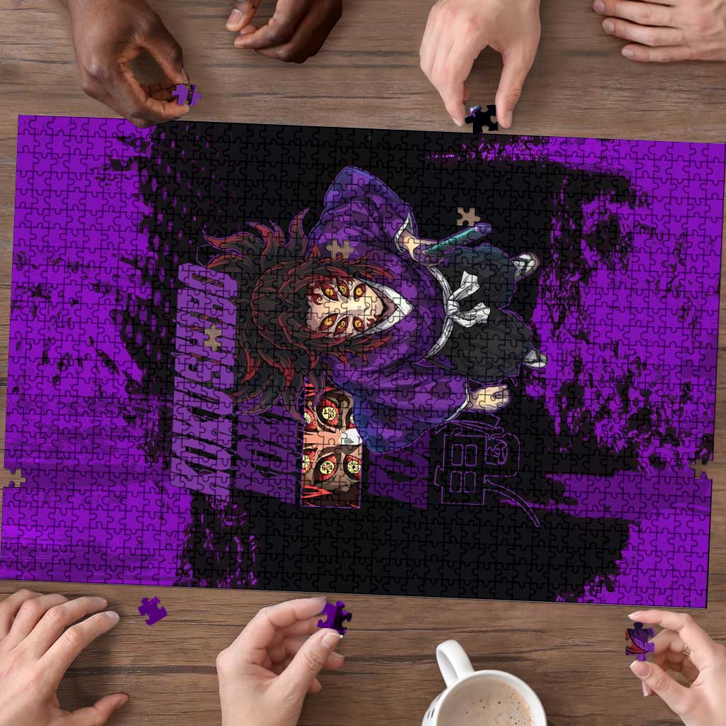 Kokushibo Demon Slayer Purple Grunge Design Puzzle with Six Eyes Detail and Sword Pose - The Mazicc