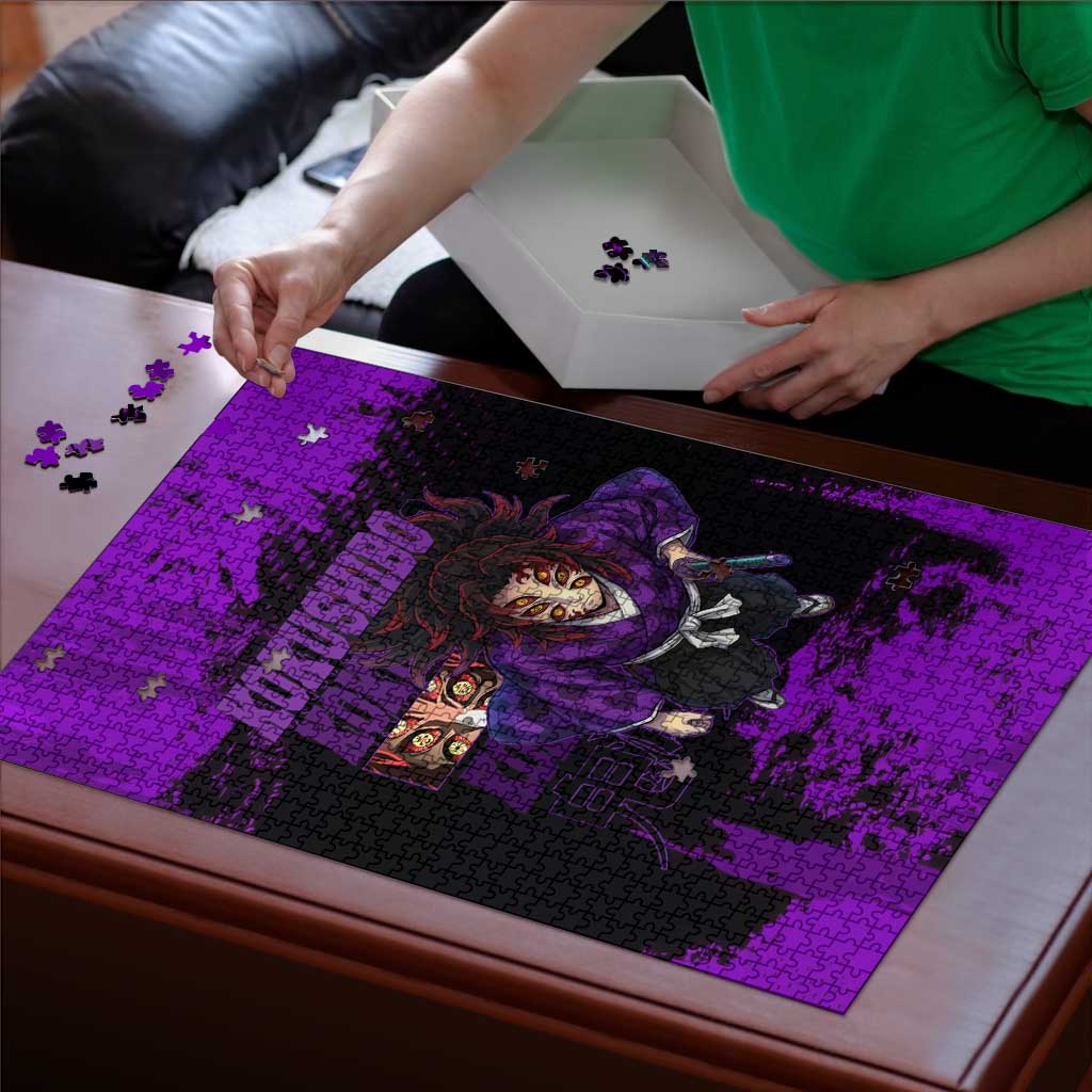 Kokushibo Demon Slayer Purple Grunge Design Puzzle with Six Eyes Detail and Sword Pose - The Mazicc