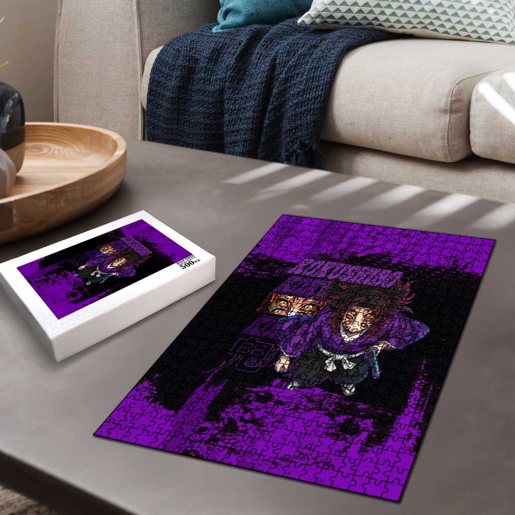 Kokushibo Demon Slayer Purple Grunge Design Puzzle with Six Eyes Detail and Sword Pose - The Mazicc