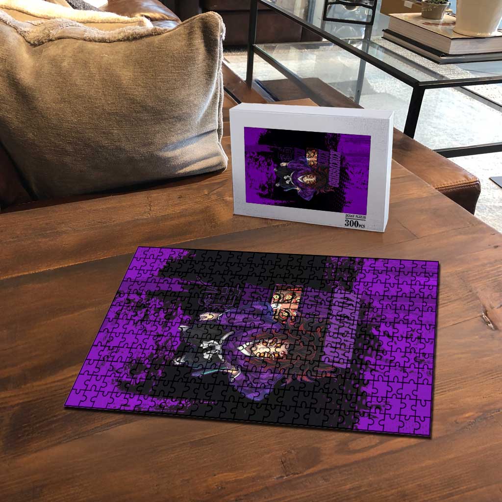 Kokushibo Demon Slayer Purple Grunge Design Puzzle with Six Eyes Detail and Sword Pose - The Mazicc